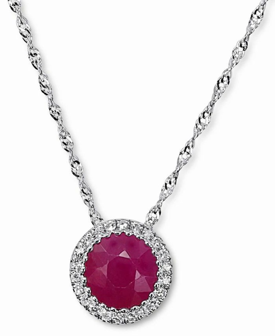 Hot * Macy'S Ruby (1 Ct. T.W.) & Diamond (1/20 Ct. T.W.) Halo Pendant Necklace In 14K White Gold, 16 + 2 Extender Ruby