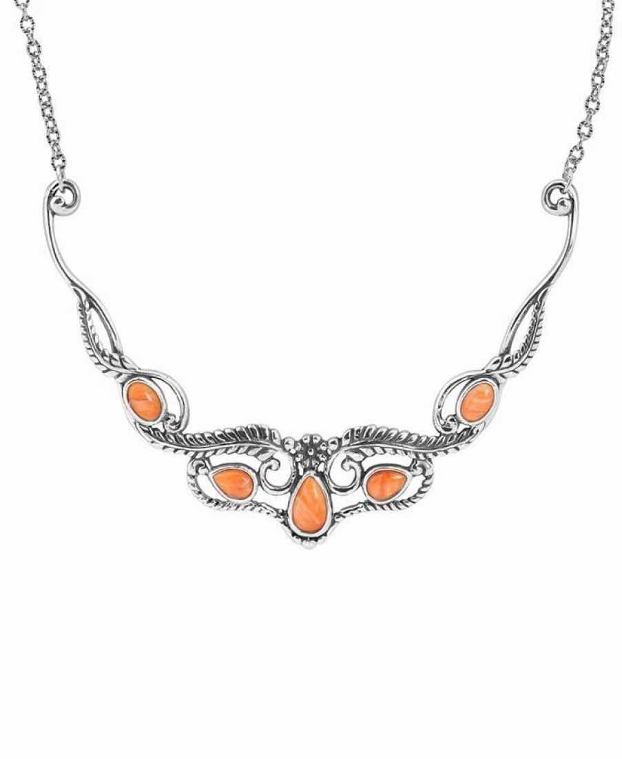 Wholesale * American West Sterling Silver Gemstone Leaf Flower Necklace Orange Spiny Oyster