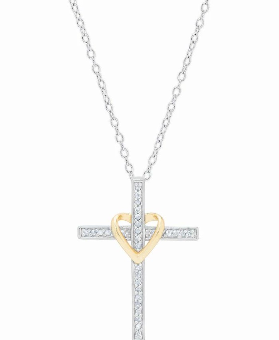 Best * Macy'S Diamond Cross & Heart 18 Pendant Necklace (1/6 Ct. T.W.) In Sterling Silver & 14K Gold-Plate Two Tone