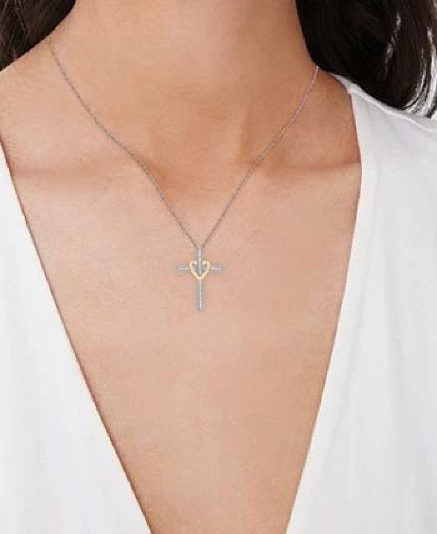 Best * Macy'S Diamond Cross & Heart 18 Pendant Necklace (1/6 Ct. T.W.) In Sterling Silver & 14K Gold-Plate Two Tone