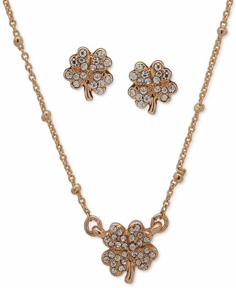 Hot * Anne Klein Gold-Tone Pave Four-Leaf Clover Pendant Necklace & Stud Earrings Set Gold