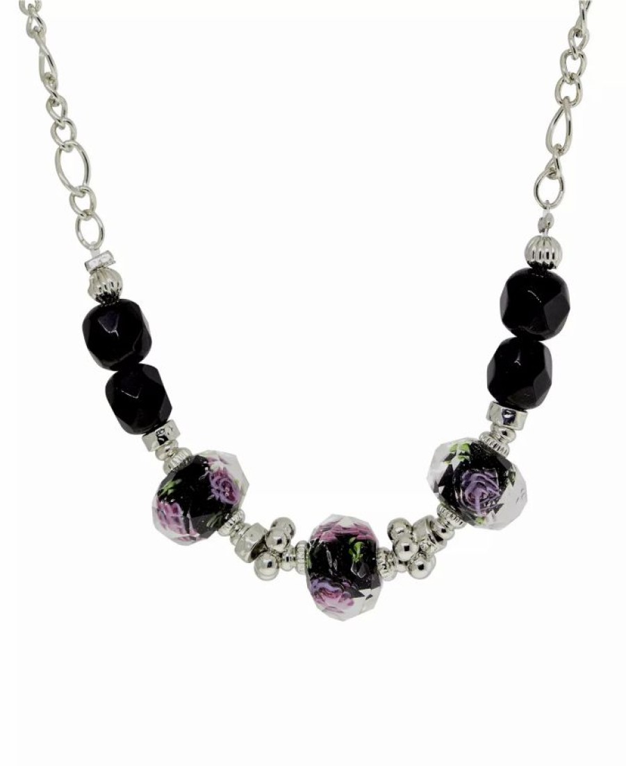 Hot * 2028 Silver-Tone Black Floral Beaded Necklace Black