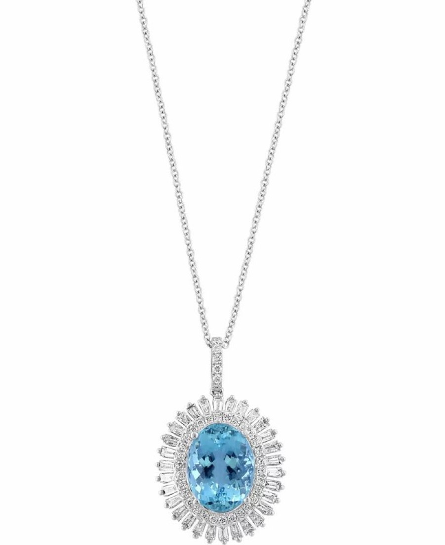 Best * Effy Collection Aquamarine (7-1/3 Ct. T.W.) & Diamond (1/4 Ct. T.W.) Oval Halo 18 Pendant Necklace In 14K White Gold Aquamarine