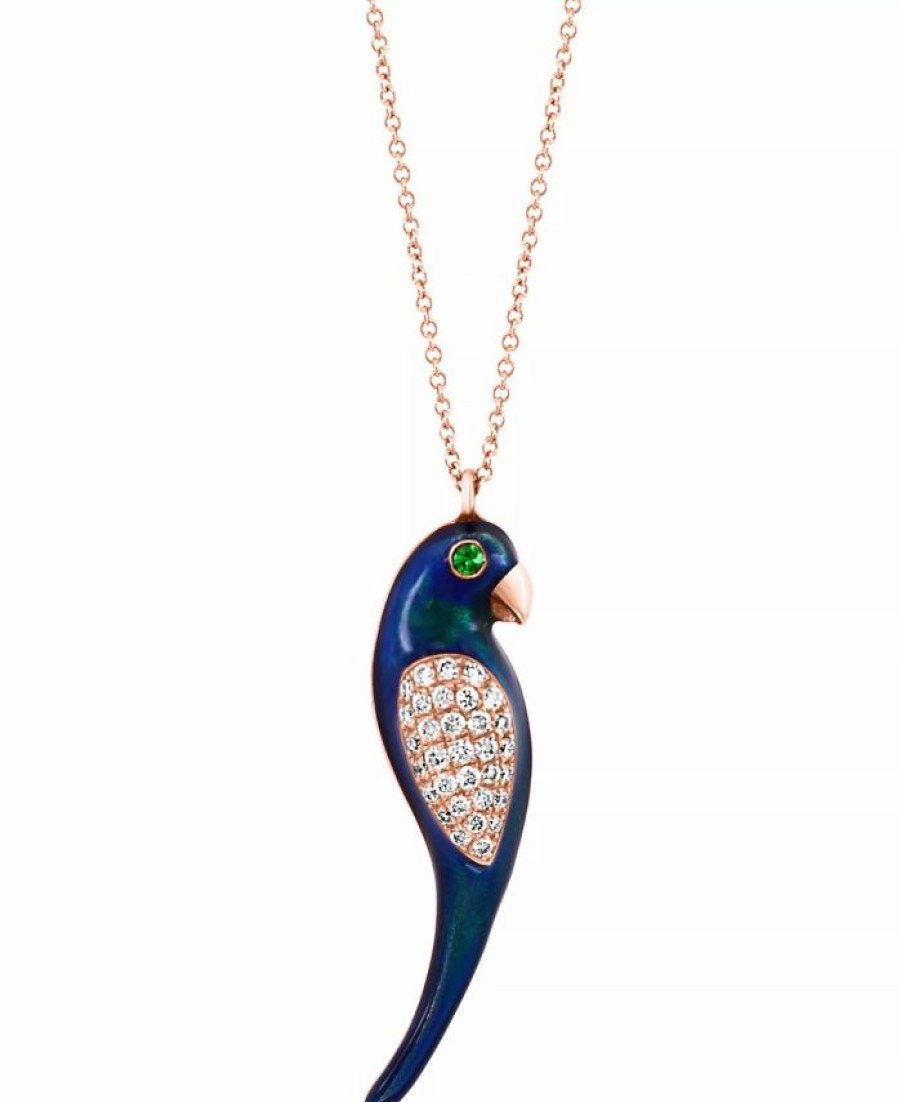 Best * Effy Collection Diamond (1/4 Ct. T.W.), Tsavorite Accent & Blue Enamel Parrot 18 Pendant Necklace In 14K Rose Gold Rose Gold