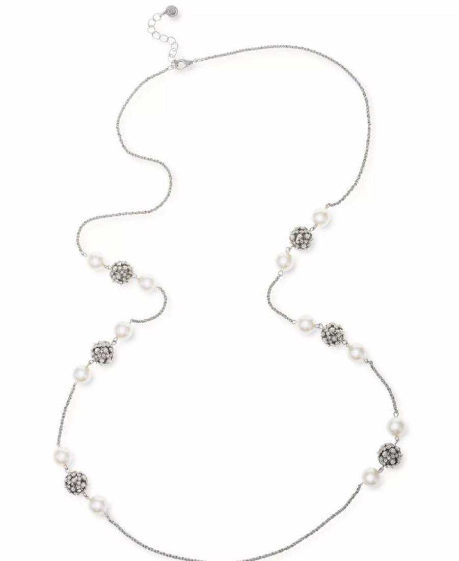 Hot * Charter Club Silver-Tone Pave & Imitation Pearl Fireball Long Strand Necklace, 42 + 2 Extender, Created For Macy'S White