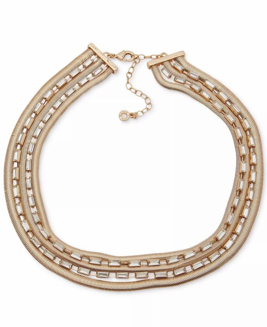 Hot * Anne Klein Gold-Tone Baguette-Crystal & Herringbone Chain Multi-Row Collar Necklace, 16 + 3 Extender Crystal