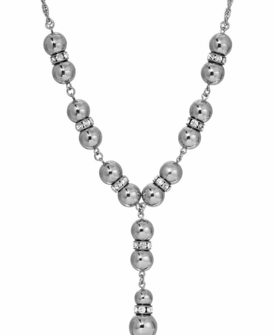 Best * 2028 Clear Crystal Polished Beaded Y-Necklace Silver-Tone