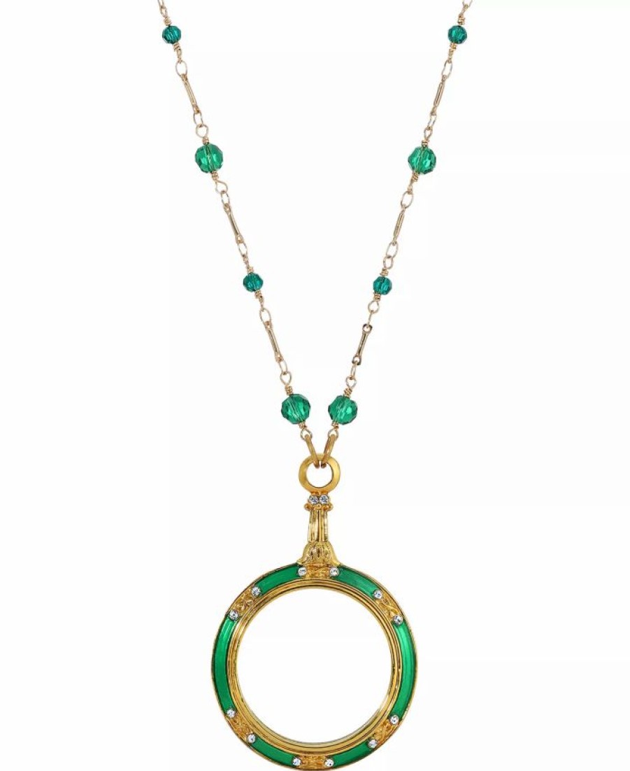 Hot * 2028 14K Gold-Plated Green Enamel Magnifier With Glass Beads Necklace Green