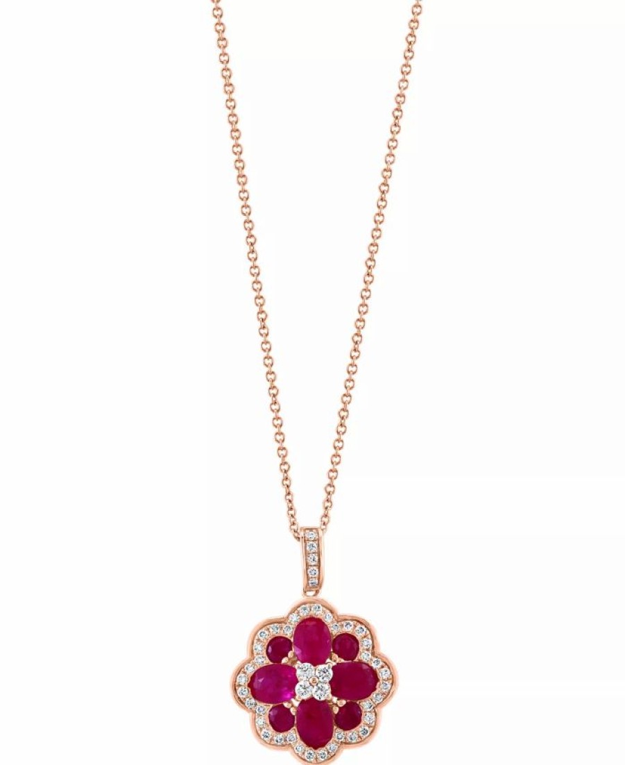 Best * Effy Collection Ruby (2-3/4 Ct. T.W.) & Diamond (3/8 Ct. T.W.) Flower Cluster 18 Pendant Necklace In 14K Rose Gold Ruby