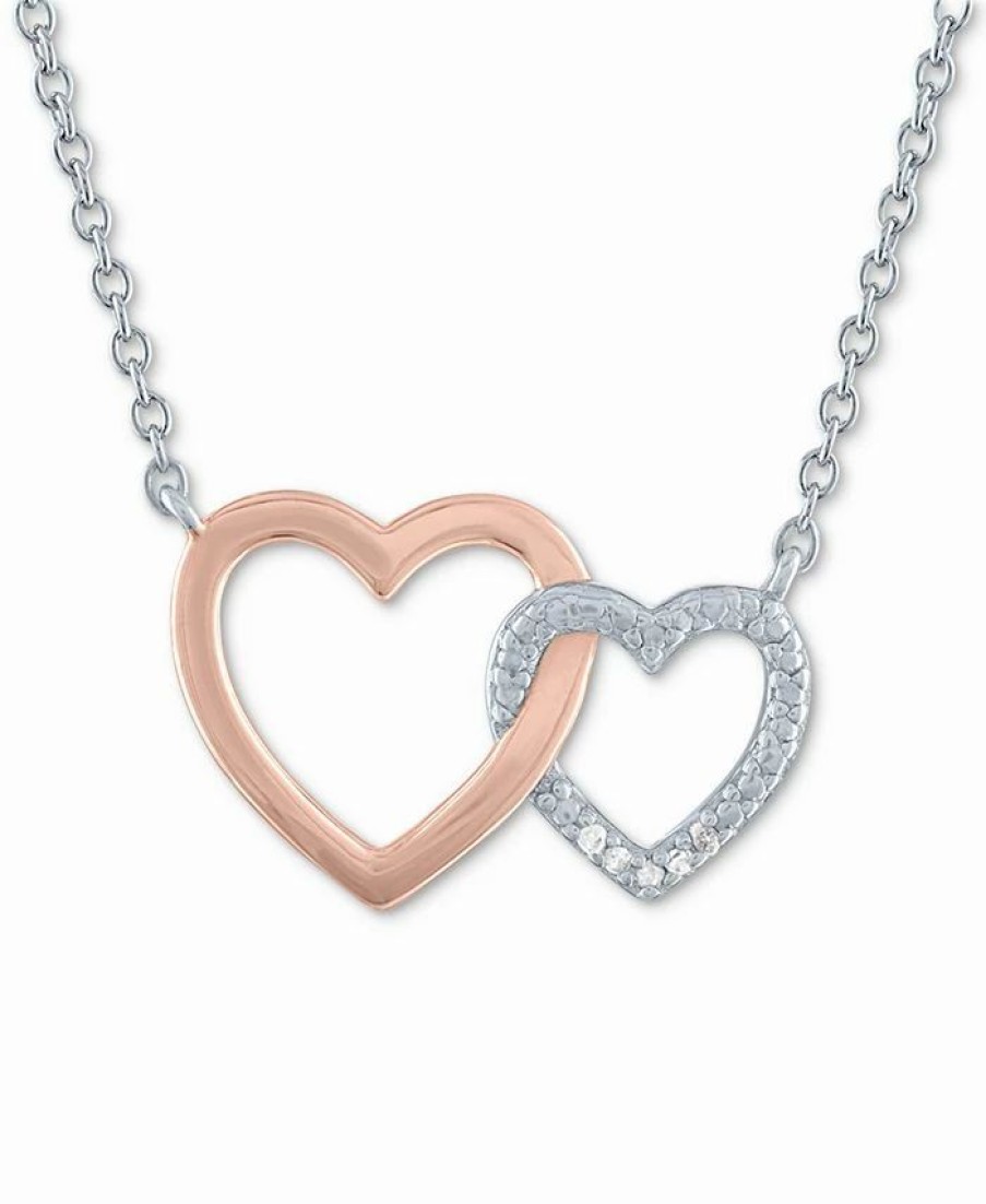 Hot * Macy'S Diamond Accent Double Heart Pendant Necklace In Sterling Silver & 14K Rose Gold-Plate, 16 + 2 Extender Sterling Silver