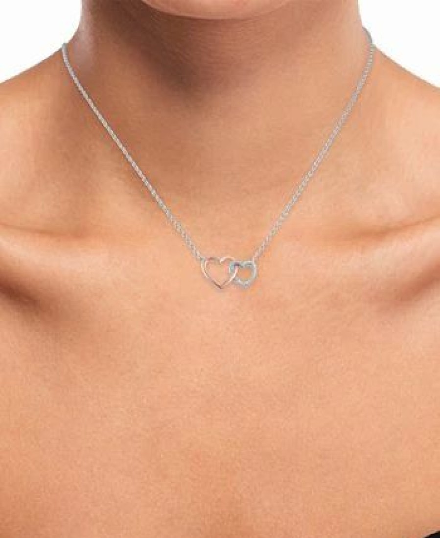 Hot * Macy'S Diamond Accent Double Heart Pendant Necklace In Sterling Silver & 14K Rose Gold-Plate, 16 + 2 Extender Sterling Silver