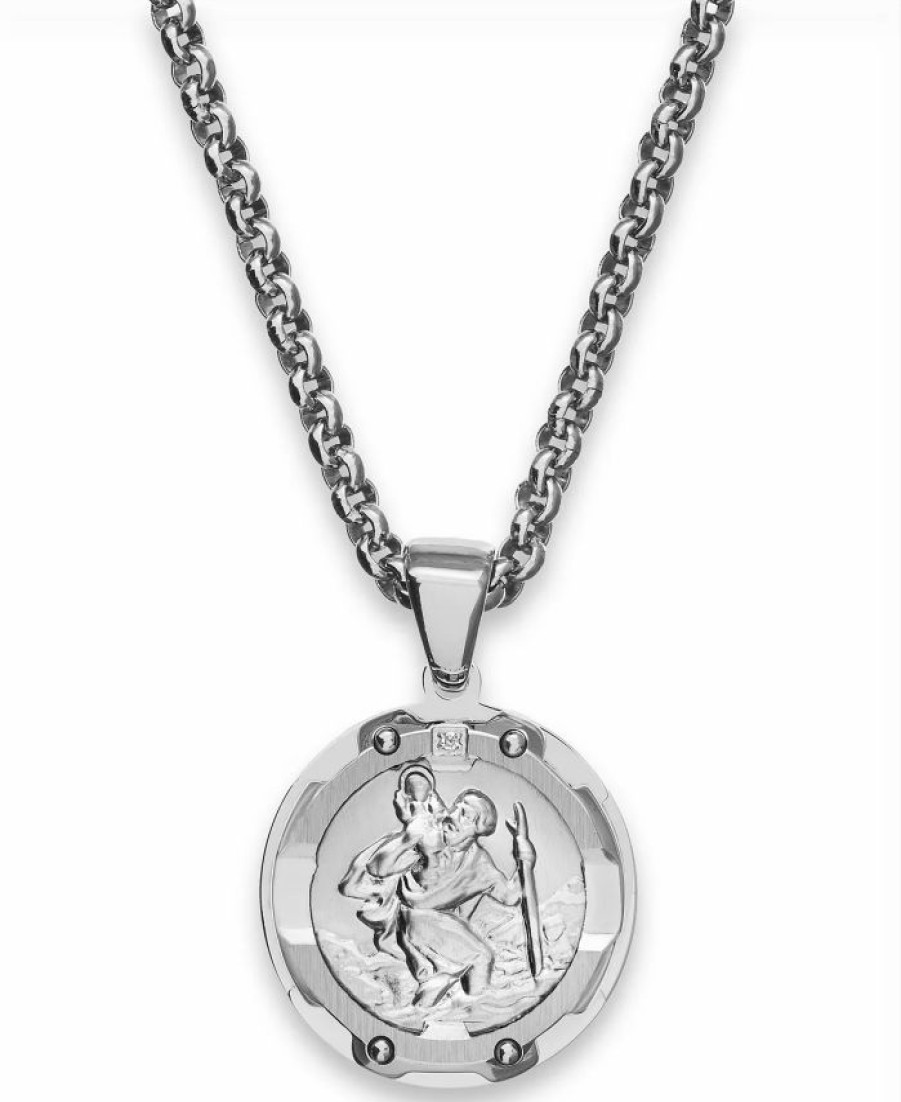 Wholesale * Macy'S En'S St. Christopher Diamond Pendant Necklace In Stainless Steel Stainless Steel