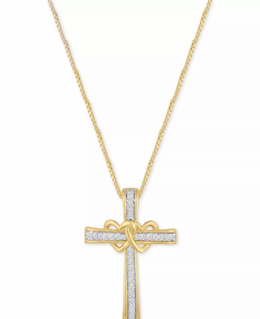 Clearance * Macy'S Diamond Double Heart Cross Pendant Necklace (1/10 Ct. T.W.) In 14K Gold-Plated Sterling Silver Yellow Gold