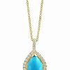 New * Effy Collection Turquoise & Diamond (1/5 Ct. T.W.) Teardrop Halo 18 Pendant Necklace In 14K Gold Gold