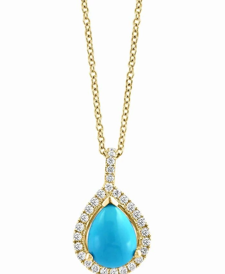 New * Effy Collection Turquoise & Diamond (1/5 Ct. T.W.) Teardrop Halo 18 Pendant Necklace In 14K Gold Gold