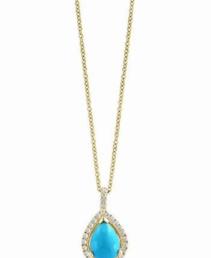 New * Effy Collection Turquoise & Diamond (1/5 Ct. T.W.) Teardrop Halo 18 Pendant Necklace In 14K Gold Gold