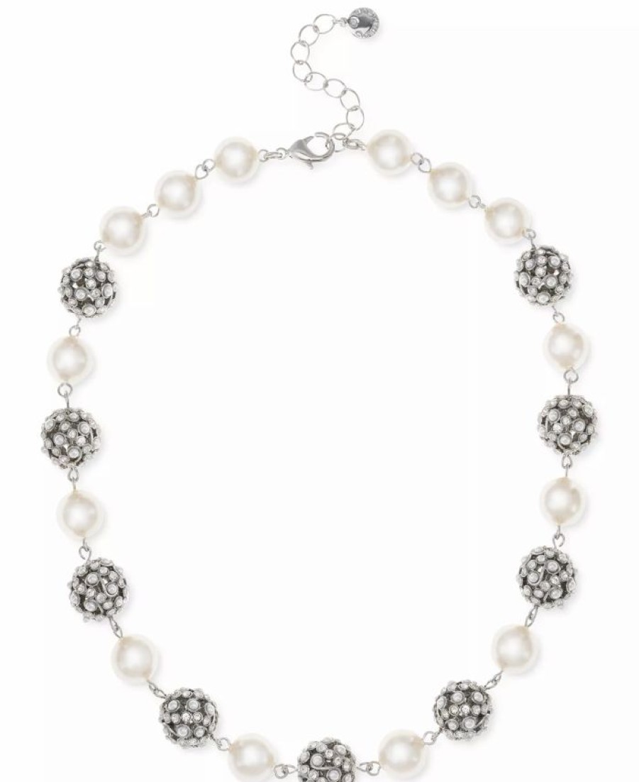 Best * Charter Club Silver-Tone Pave & Imitation Pearl Fireball All-Around Collar Necklace, 17 + 2 Extender, Created For Macy'S White