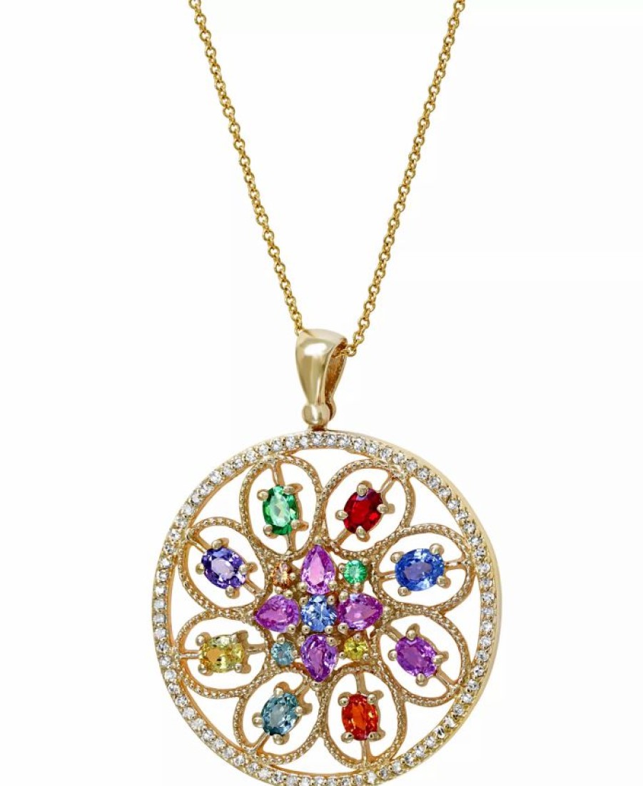 Clearance * Effy Collection Multi-Gemstone (3-1/5 Ct. T.W.) & Diamond (1/3 Ct. T.W.) Openwork Flower 18 Pendant Necklace In 14K Gold Multi Sapphire