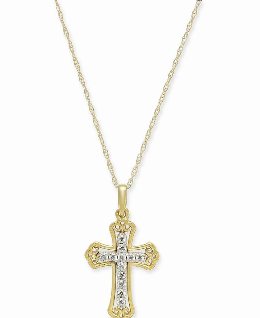 Hot * Macy'S Diamond Cross 18 Pendant Necklace (1/10 Ct. T.W.) In 14K Gold & 14K White Gold Yellow Gold