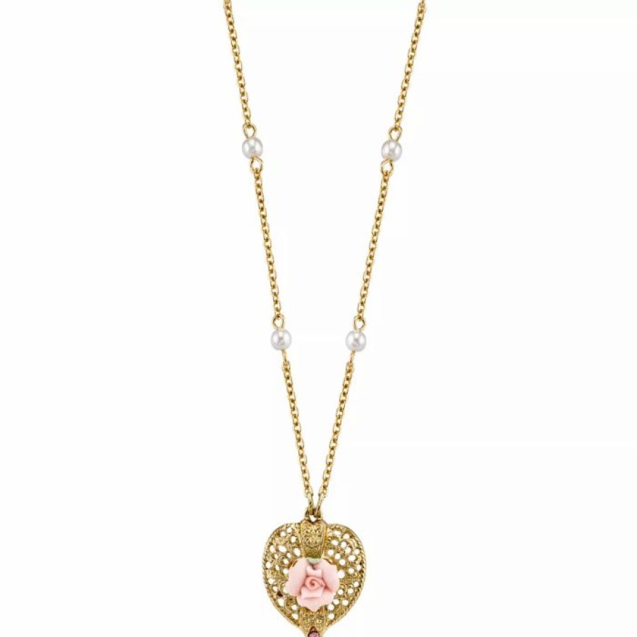 Best * 2028 Gold-Tone Pink Crystal Heart And Pink Porcelain Rose Filigree Necklace 16 Adjustable Pink