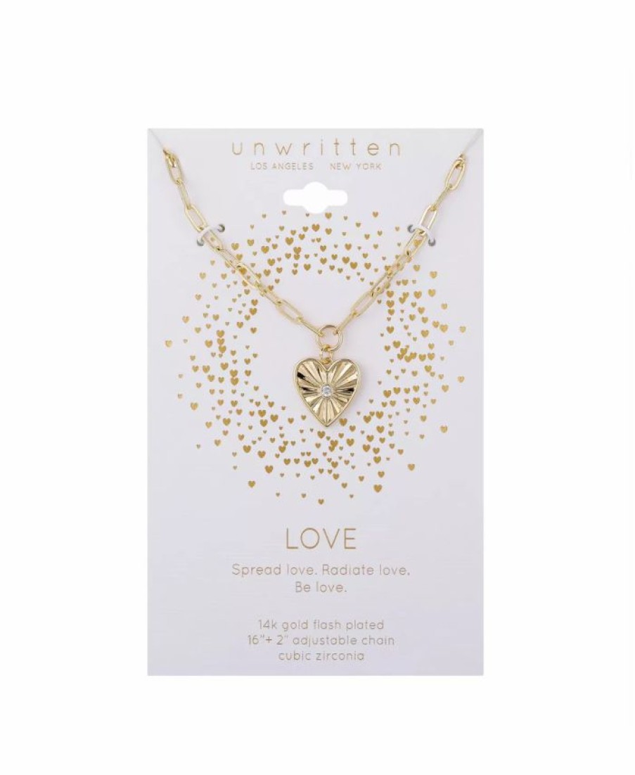 Clearance * Unwritten 14K Gold Flash Plated Cubic Zirconia Heart Pendant Necklace Gold-Tone