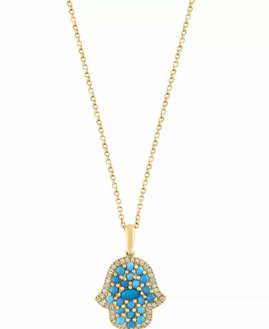 Clearance * Effy Collection Turquoise & Diamond (1/6 Ct. T.W.) Hamsa Hand 18 Pendant Necklace In 14K Gold Yellow Gold