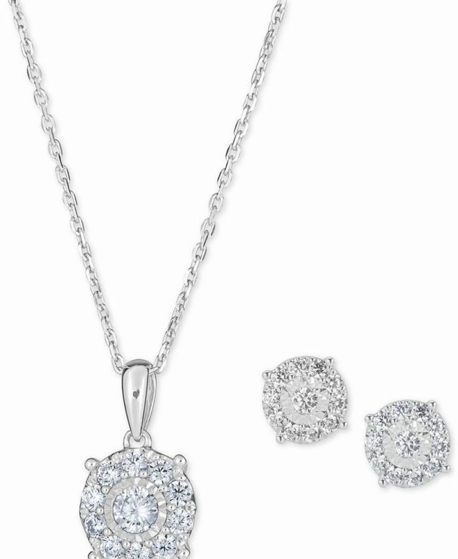 Hot * Macy'S 2-Pc. Diamond (1 Ct. T.W.) Halo 18 Pendant Necklace & Matching Stud Earring Set In 14K White Or Yellow Gold