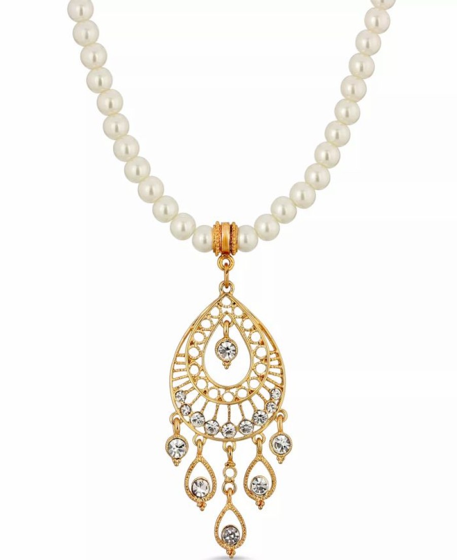 New * 2028 Gold Tone Crystal Filigree Drop Imitation Pearl Necklace White