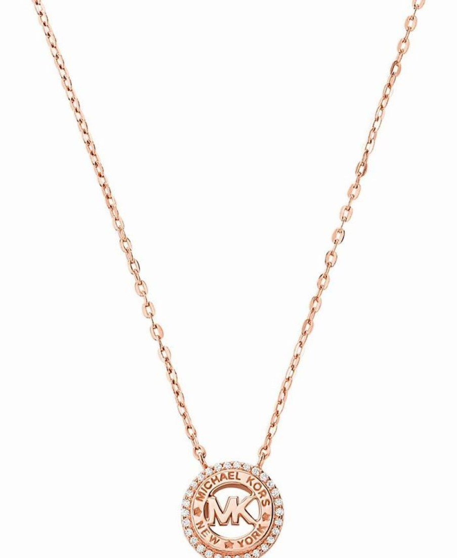 Best * Michael Kors Women'S Round Pave Logo Pendent Necklace 14K Rose Gold Plated