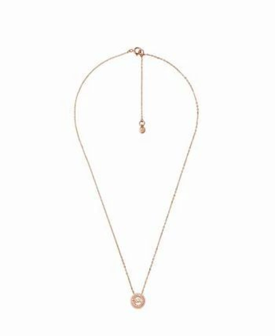 Best * Michael Kors Women'S Round Pave Logo Pendent Necklace 14K Rose Gold Plated