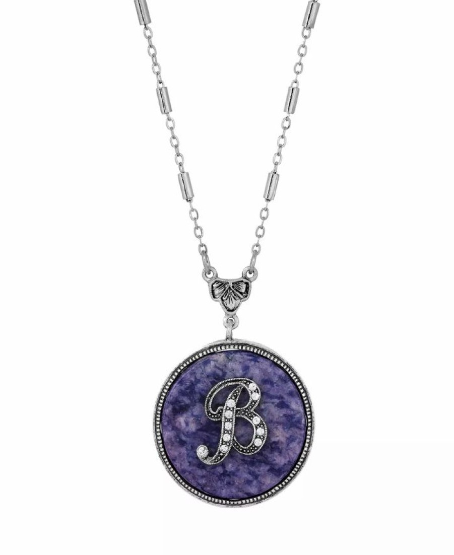 Wholesale * 2028 Blue Round Pewter Initial Pendant Necklace