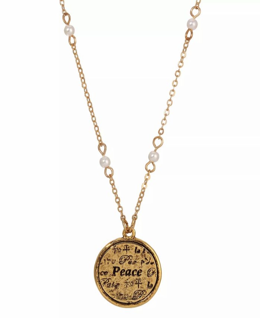 Best * 2028 Gold-Tone And Imitation Pearl Multi Language Round Peace Medallion Necklace White