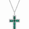 Hot * Macy'S Sterling Silver Halo Birthstone Style Created Emerald And Created White Sapphire Fancy Cut Cross Pendant Necklace Emerald