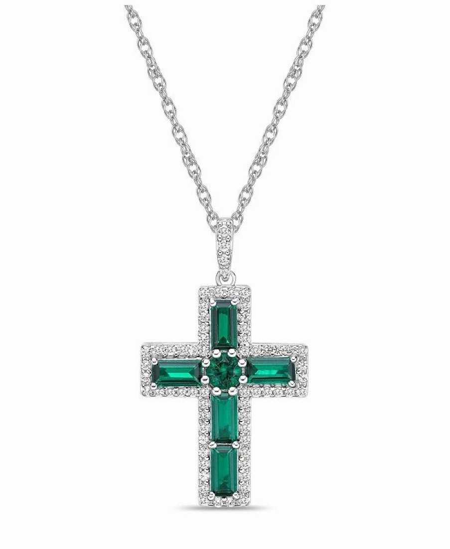 Hot * Macy'S Sterling Silver Halo Birthstone Style Created Emerald And Created White Sapphire Fancy Cut Cross Pendant Necklace Emerald