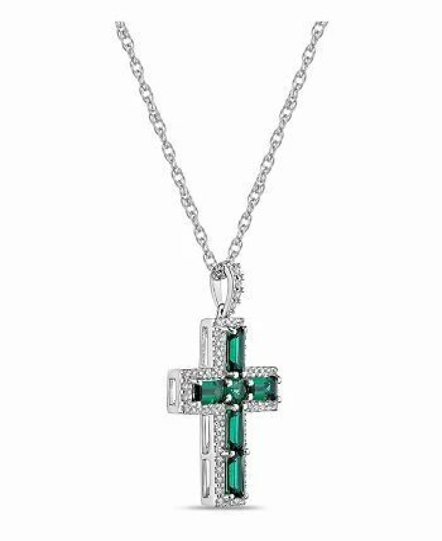 Hot * Macy'S Sterling Silver Halo Birthstone Style Created Emerald And Created White Sapphire Fancy Cut Cross Pendant Necklace Emerald