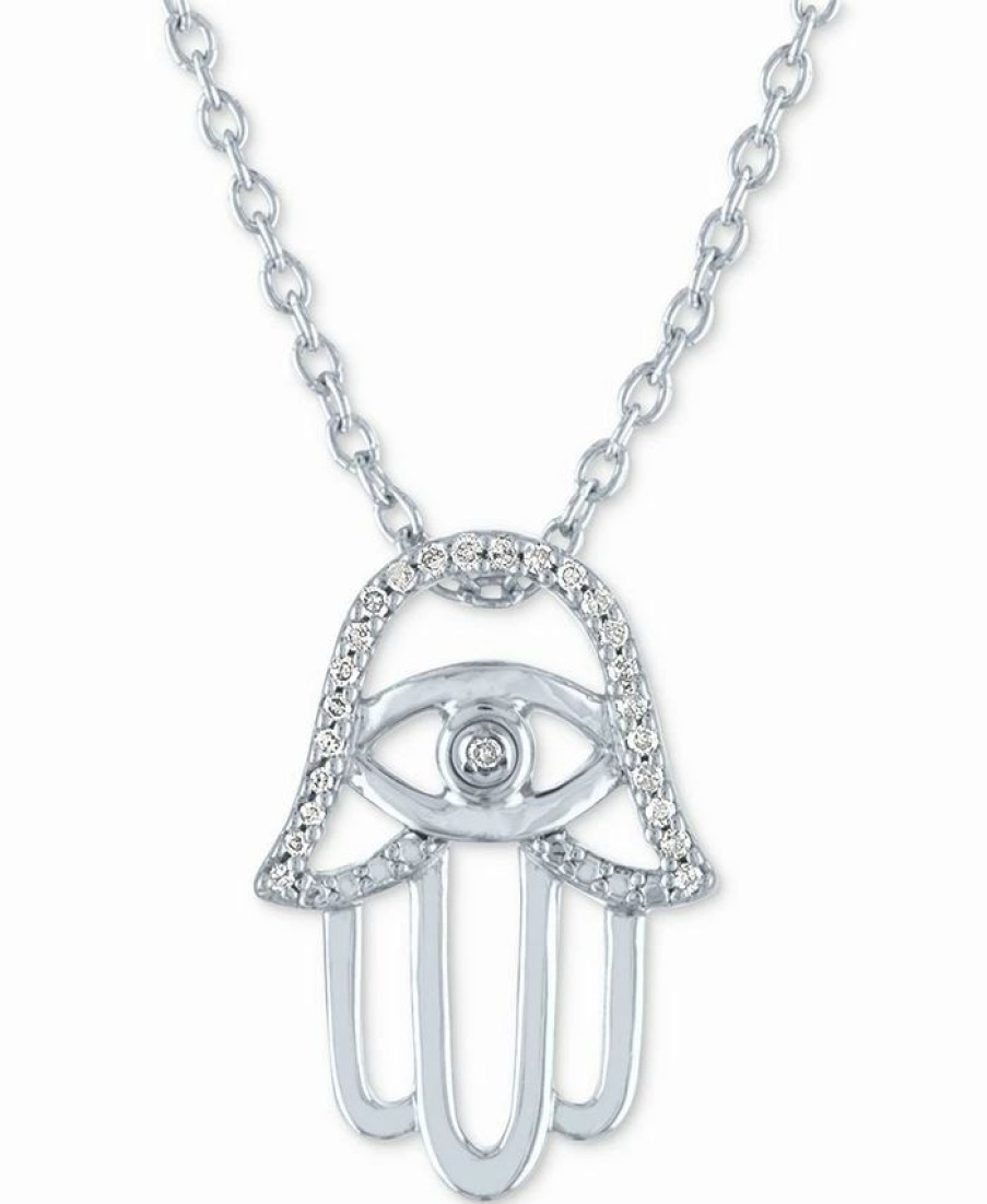 Clearance * Macy'S Diamond Accent Hamsa Hand Pendant Necklace (1/20 Ct. T.W.) In Sterling Silver, 16 + 2 Extender Sterling Silver