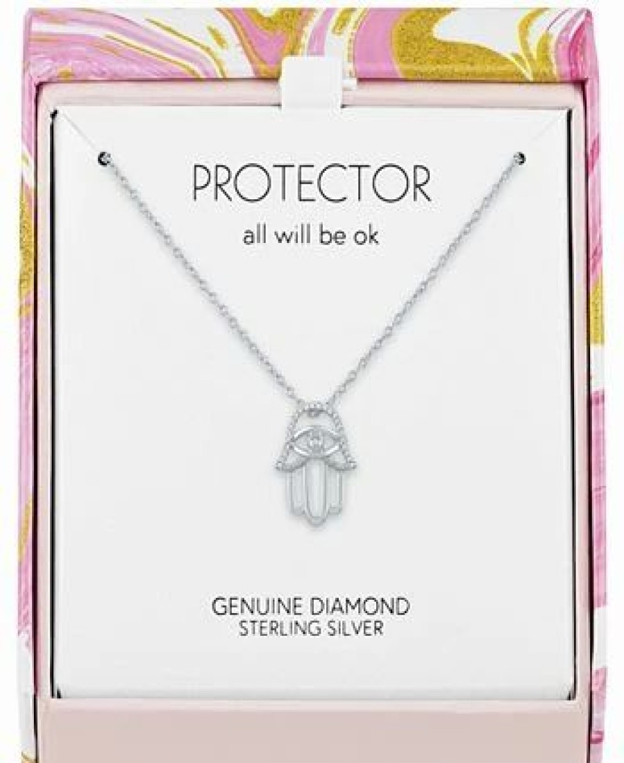 Clearance * Macy'S Diamond Accent Hamsa Hand Pendant Necklace (1/20 Ct. T.W.) In Sterling Silver, 16 + 2 Extender Sterling Silver