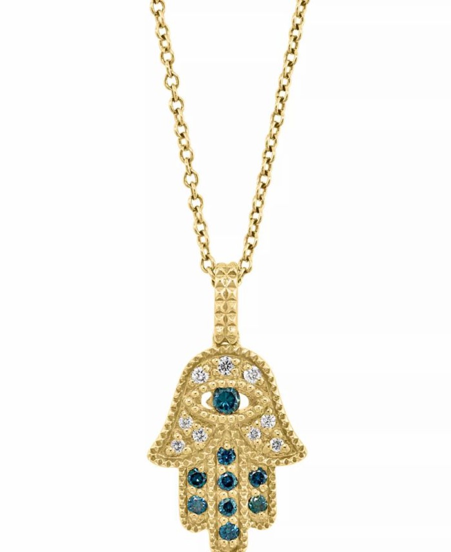 Hot * Effy Collection Blue & White Diamond Hamsa Hand 18 Pendant Necklace (1/5 Ct. T.W.) In 14K Gold Yellow Gold