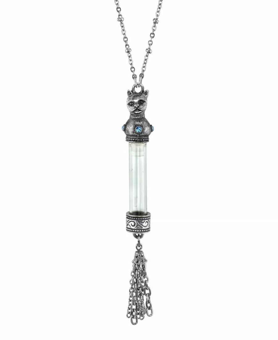 Hot * 2028 Antiqued Pewter Blue Crystal Cat Vial Tassle Necklace 30 Blue