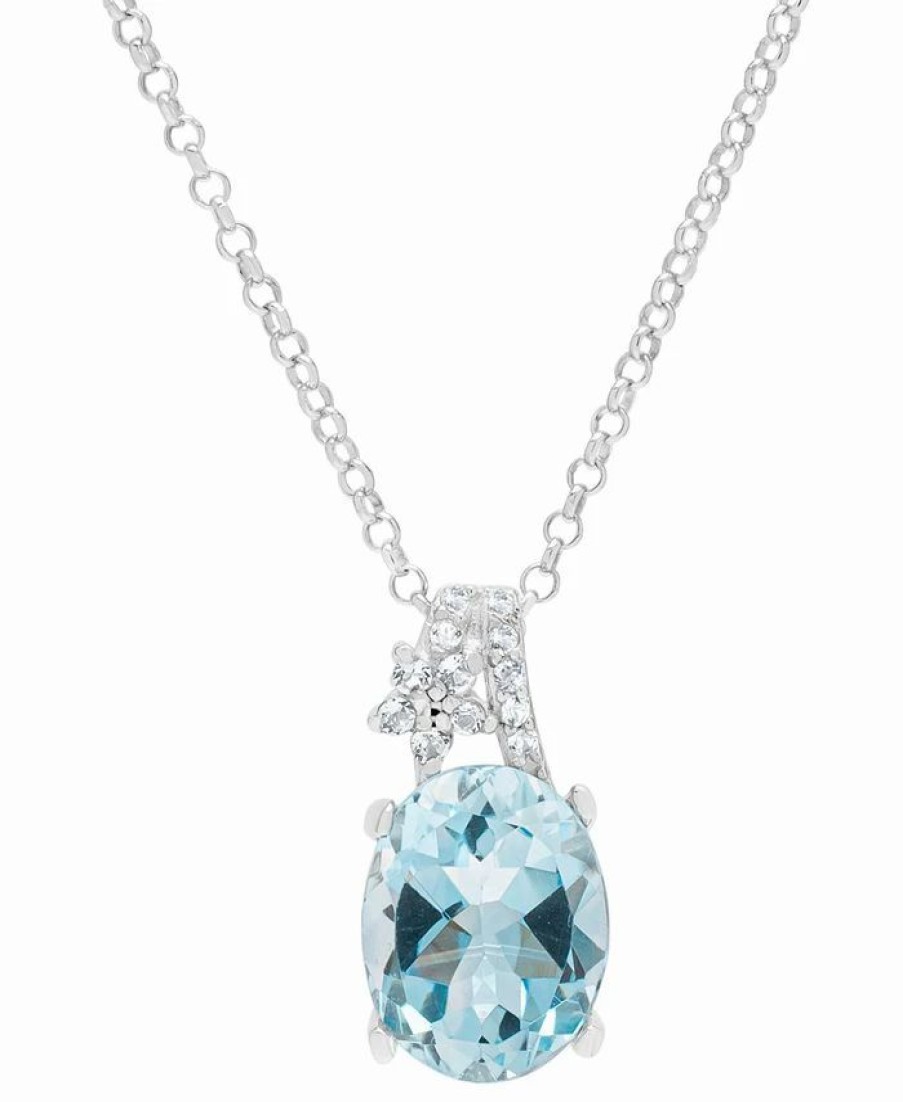 Hot * Macy'S Lab-Created Aquamarine (2-1/4 Ct. T.W.) & Lab-Created White Sapphire (1/20 Ct. T.W.) Oval 18 Pendant Necklace In Sterling Silver Aquamarine