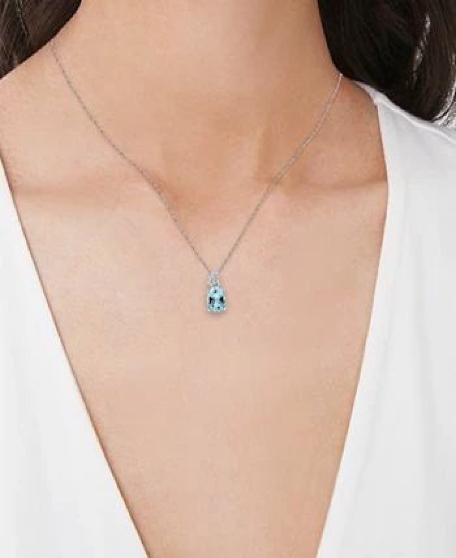 Hot * Macy'S Lab-Created Aquamarine (2-1/4 Ct. T.W.) & Lab-Created White Sapphire (1/20 Ct. T.W.) Oval 18 Pendant Necklace In Sterling Silver Aquamarine